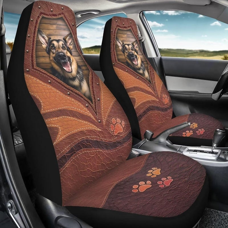 Howilath Cute German Shepherd Printed Vehicles Seat Cover, Dog Paw Pattern High Bucket Soft Car Front Seats Cover Set of 2, Stretchy Car Seat Cushion Universal Fit for Most Vehicle Cars - Image 2